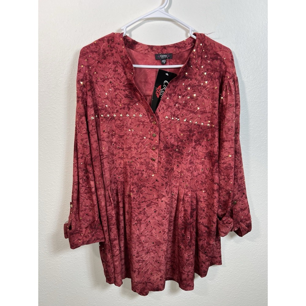 Cocomo Woman Top Blouse Women's 3XL Red Gold Studded Stretch Liquid Knit